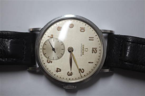 A gentlemans 1940s stainless steel Omega chronometer manual wind wrist watch,